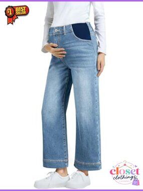 Maternity High Waisted Wide Leg Jeans Pregnancy Pants Cotton Stretch
